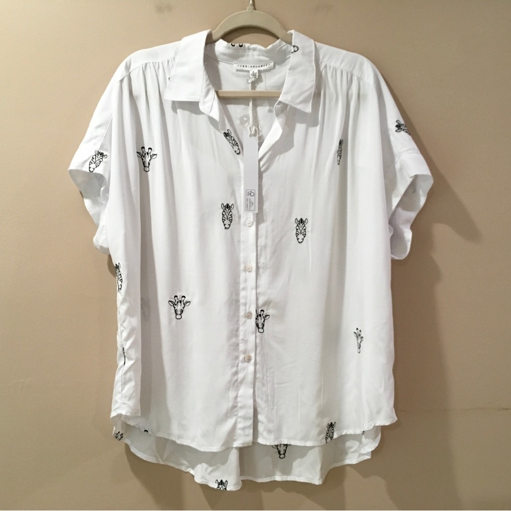 Jane + Delancey  Boxy Top Blouse Womens Size XL Collar Shirt Giraffe White